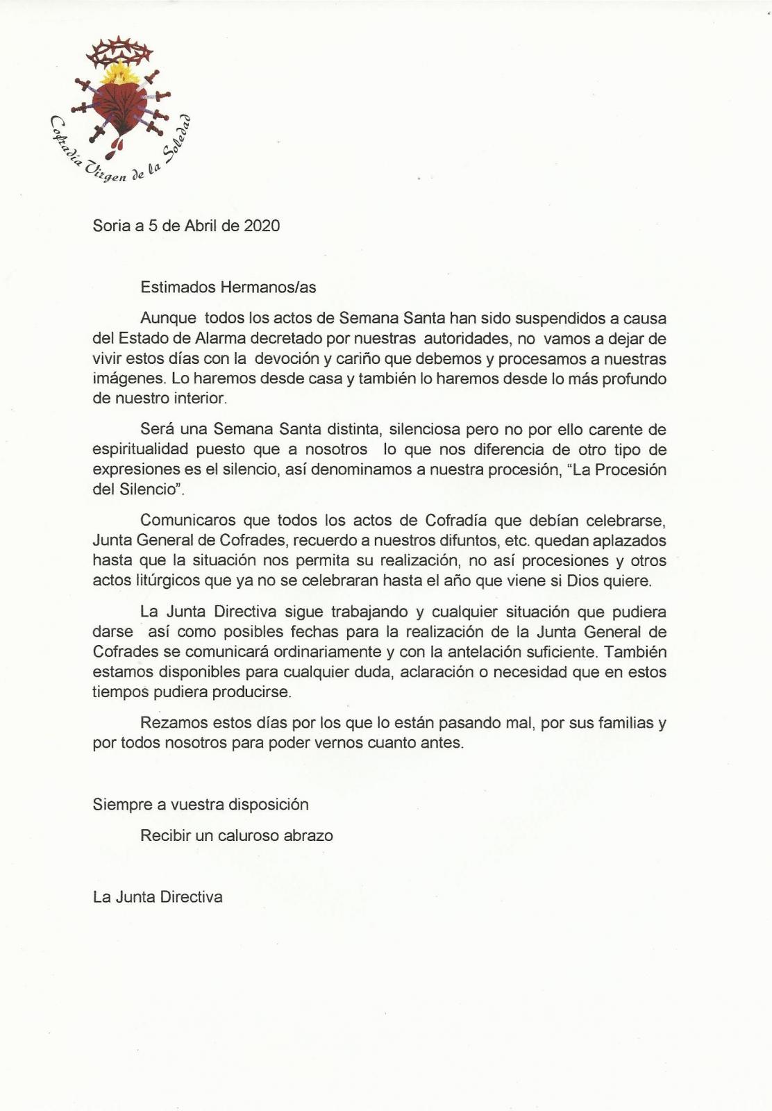 COMUNICADO OFICIAL DE LA JUNTA DIRECTIVA PARA LA SEMANA SANTA 2020